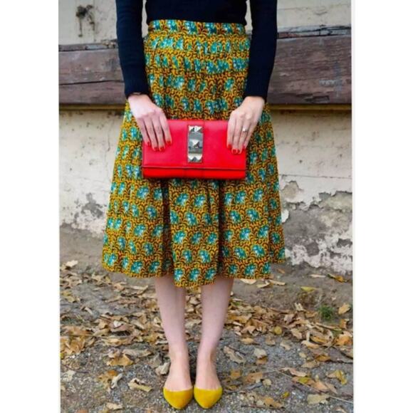 J. Crew Ratti Elephants Print Skirt A-line 100% Cotton Green Yellow Midi 2 - Picture 1 of 6